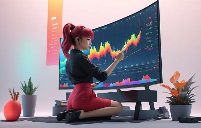 A 3D Character Illustration of Women Analyzing the Growth of the Stock Market on a Monitor image